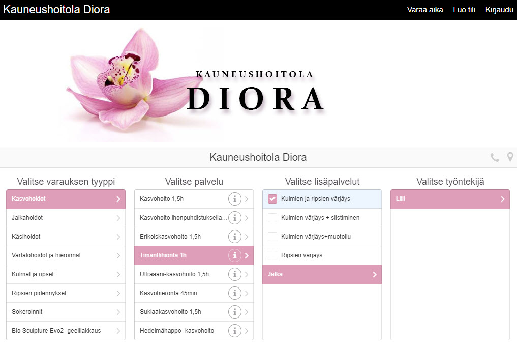 Kauneushoitola Diora varausjärjestelmä_1017x680