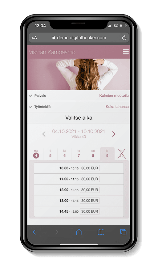 ajanvarausjärjestelmä kampaamolle_mobiilissa_800x864